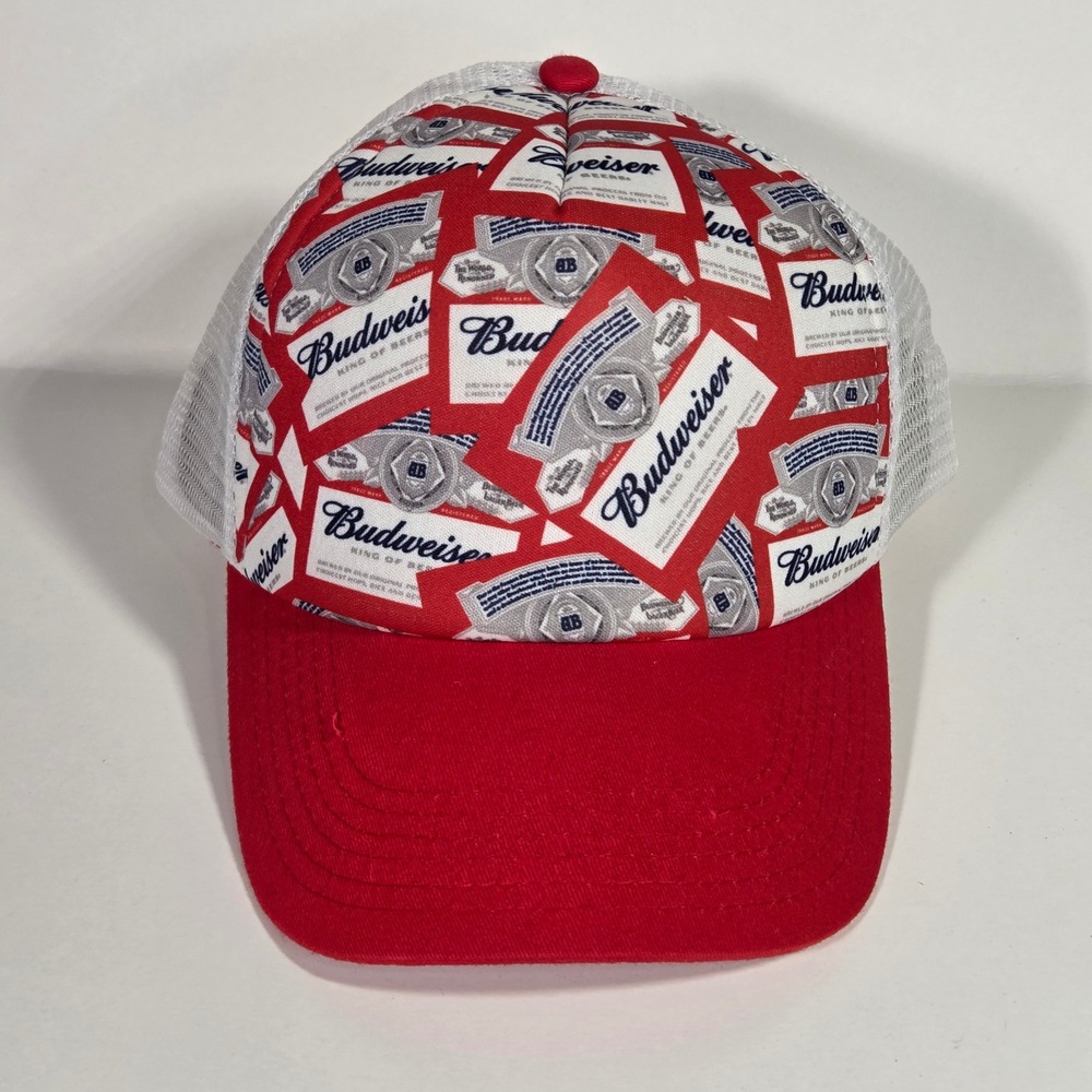Budweiser King of Beers Trucker Hat Red White Label All Over Print Snapback Cap